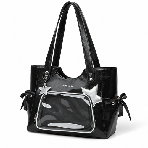 Clear Pocket Tote — Black — three-quarter view